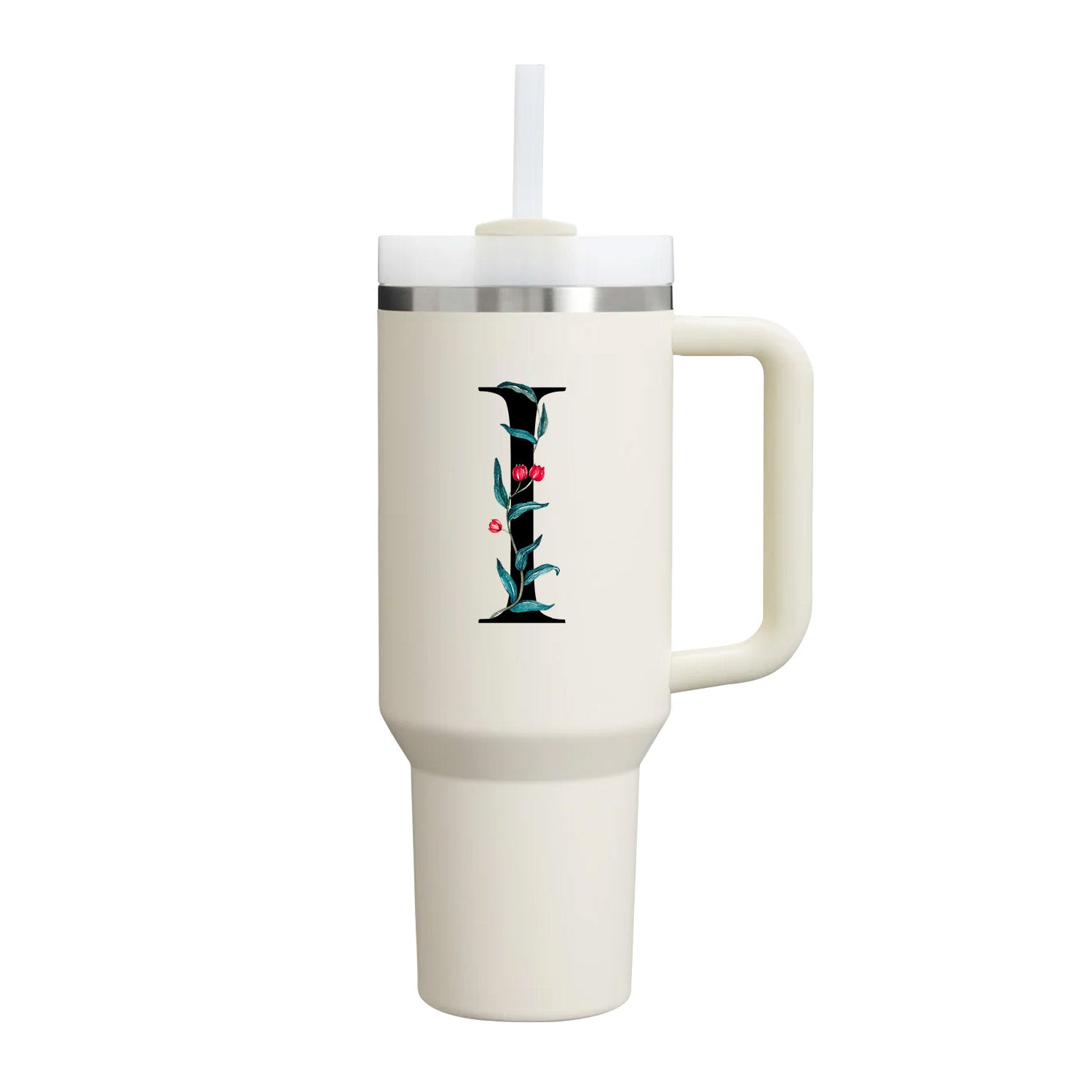 【Personalized】Custom Name Flowers & Leaves Initial Tumbler With Handle 40oz (Cream)