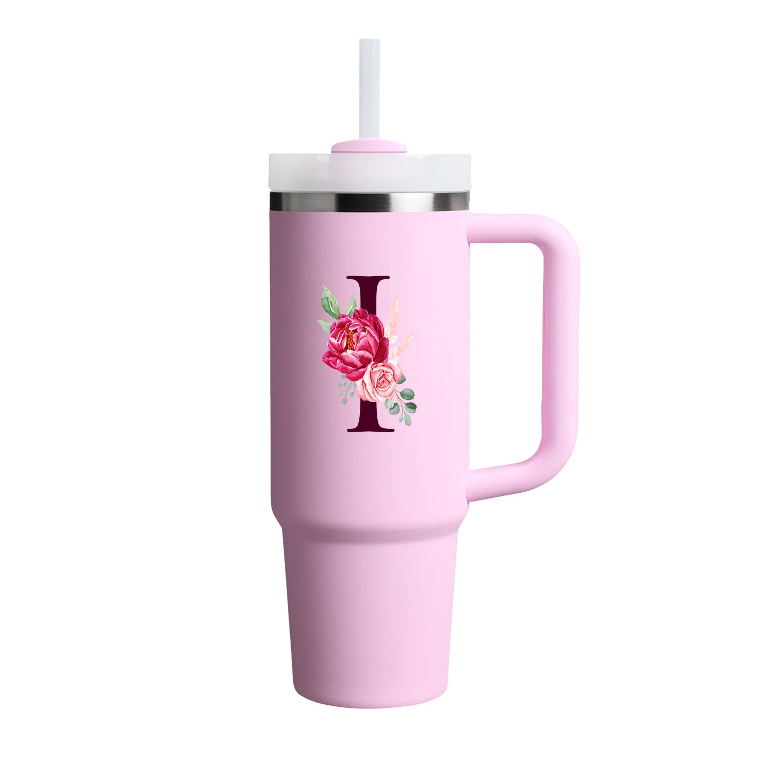Custom Name Flowers Initial Tumbler With Handle 40 oz (Cherry Blossom) - Custom Creations