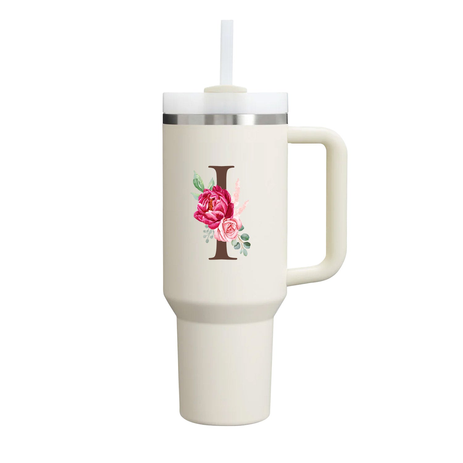 Custom Name Flowers Initial Tumbler With Handle 40 oz (Cream) - Custom Creations