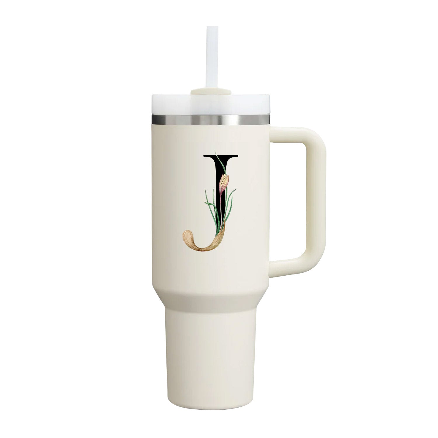 【Personalized】Custom Name Flowers & Leaves Initial Tumbler With Handle 40oz (Cream)