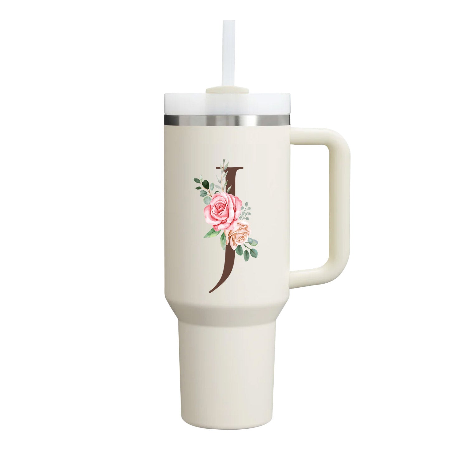 Custom Name Flowers Initial Tumbler With Handle 40 oz (Cream) - Custom Creations