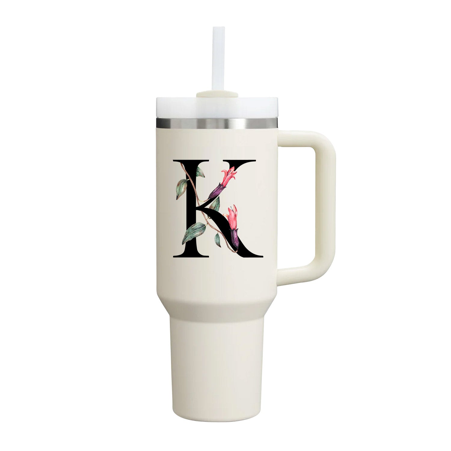 【Personalized】Custom Name Flowers & Leaves Initial Tumbler With Handle 40oz (Cream)