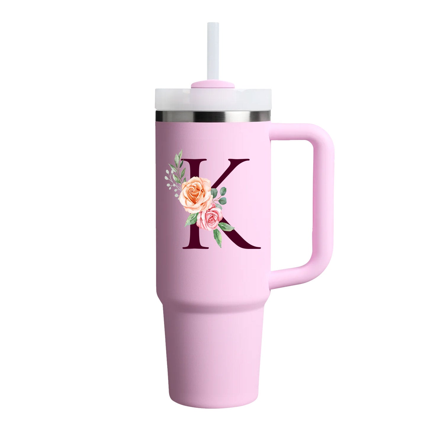 Custom Name Flowers Initial Tumbler With Handle 40 oz (Cherry Blossom) - Custom Creations