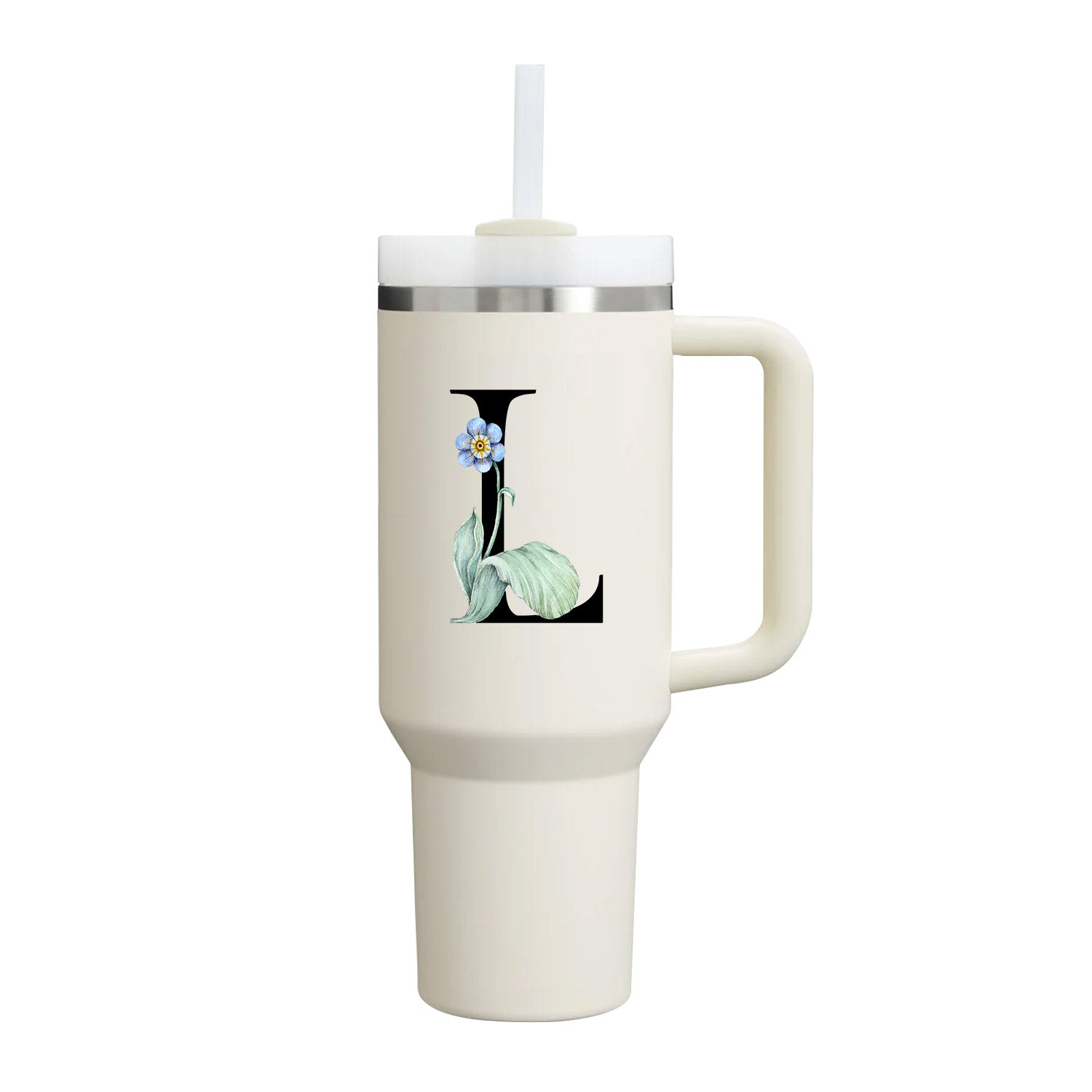 【Personalized】Custom Name Flowers & Leaves Initial Tumbler With Handle 40oz (Cream)