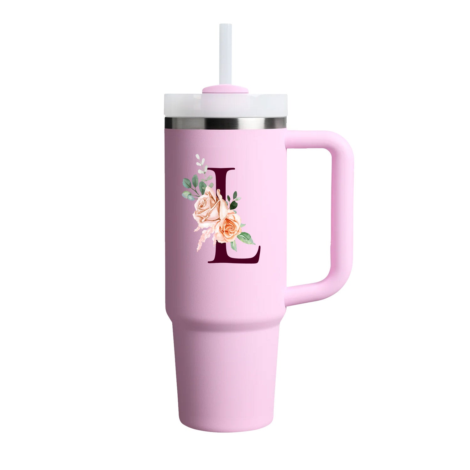 Custom Name Flowers Initial Tumbler With Handle 40 oz (Cherry Blossom) - Custom Creations
