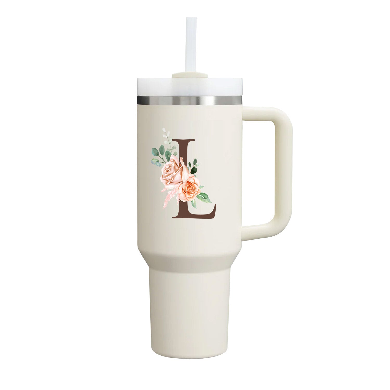 Custom Name Flowers Initial Tumbler With Handle 40 oz (Cream) - Custom Creations
