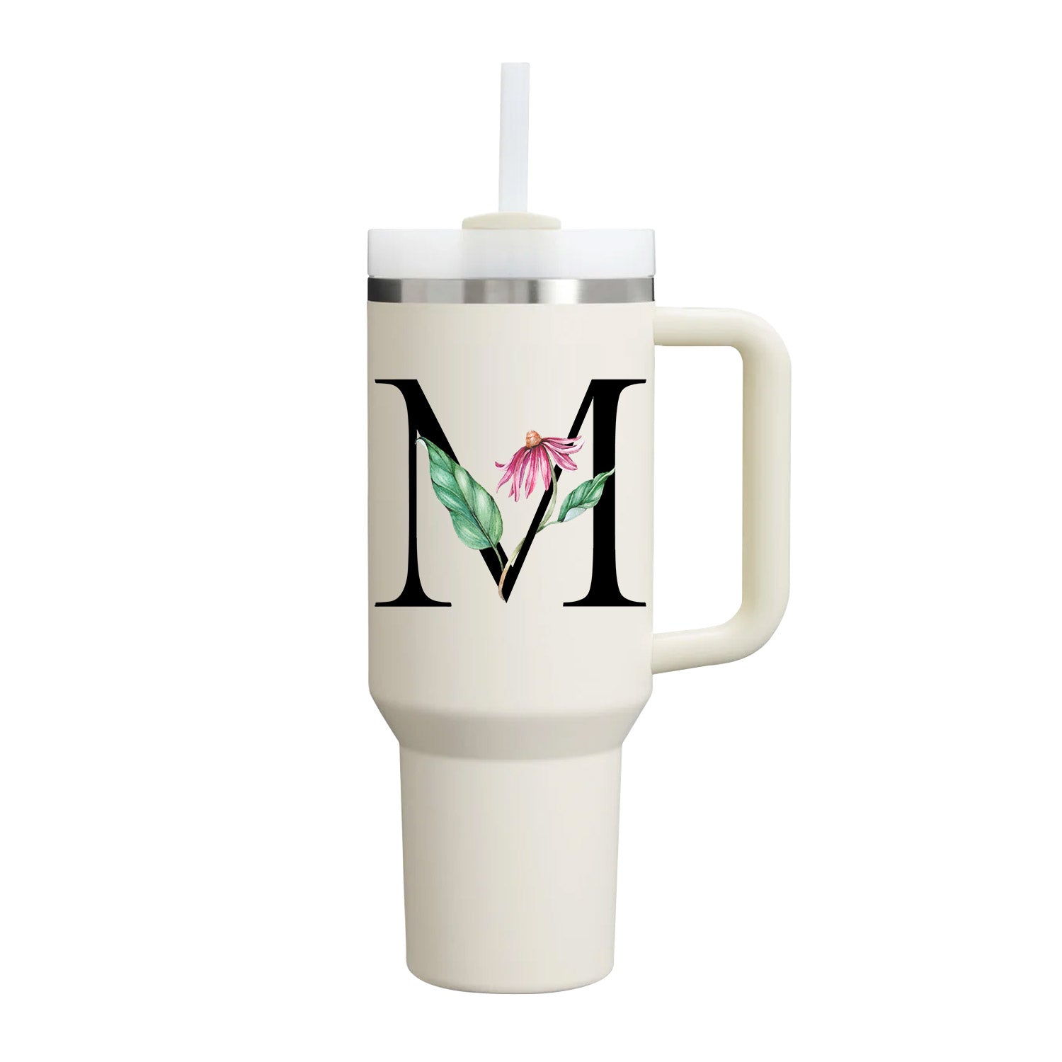 【Personalized】Custom Name Flowers & Leaves Initial Tumbler With Handle 40oz (Cream)
