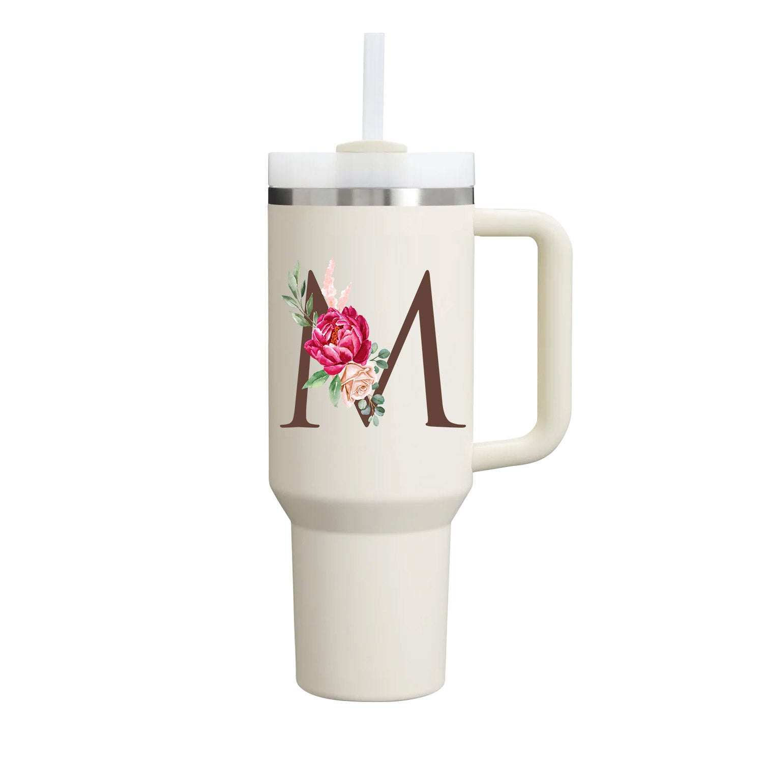 Custom Name Flowers Initial Tumbler With Handle 40 oz (Cream) - Custom Creations