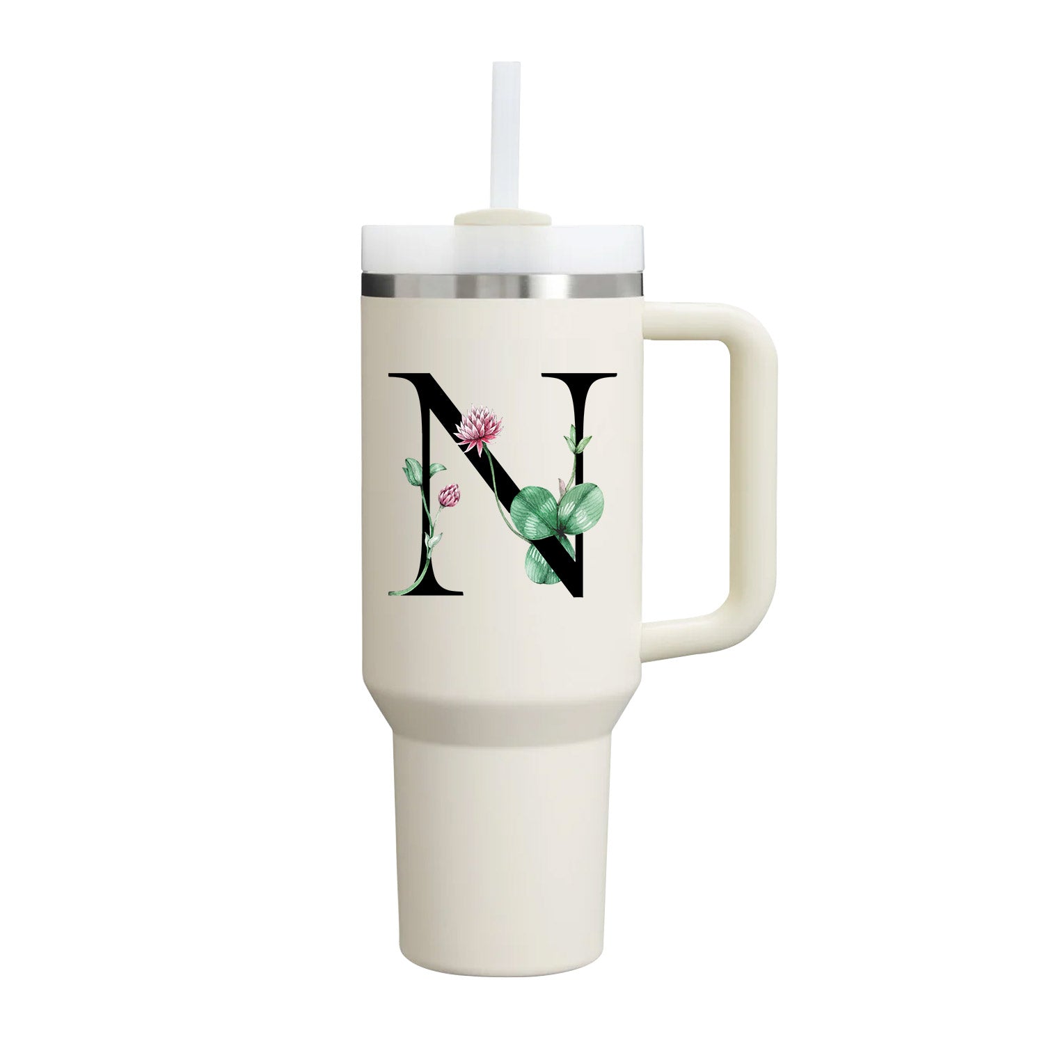 【Personalized】Custom Name Flowers & Leaves Initial Tumbler With Handle 40oz (Cream)