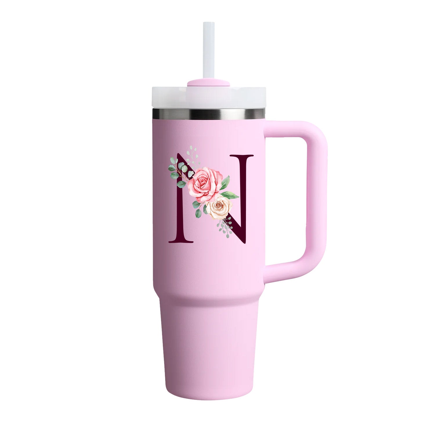 Custom Name Flowers Initial Tumbler With Handle 40 oz (Cherry Blossom) - Custom Creations