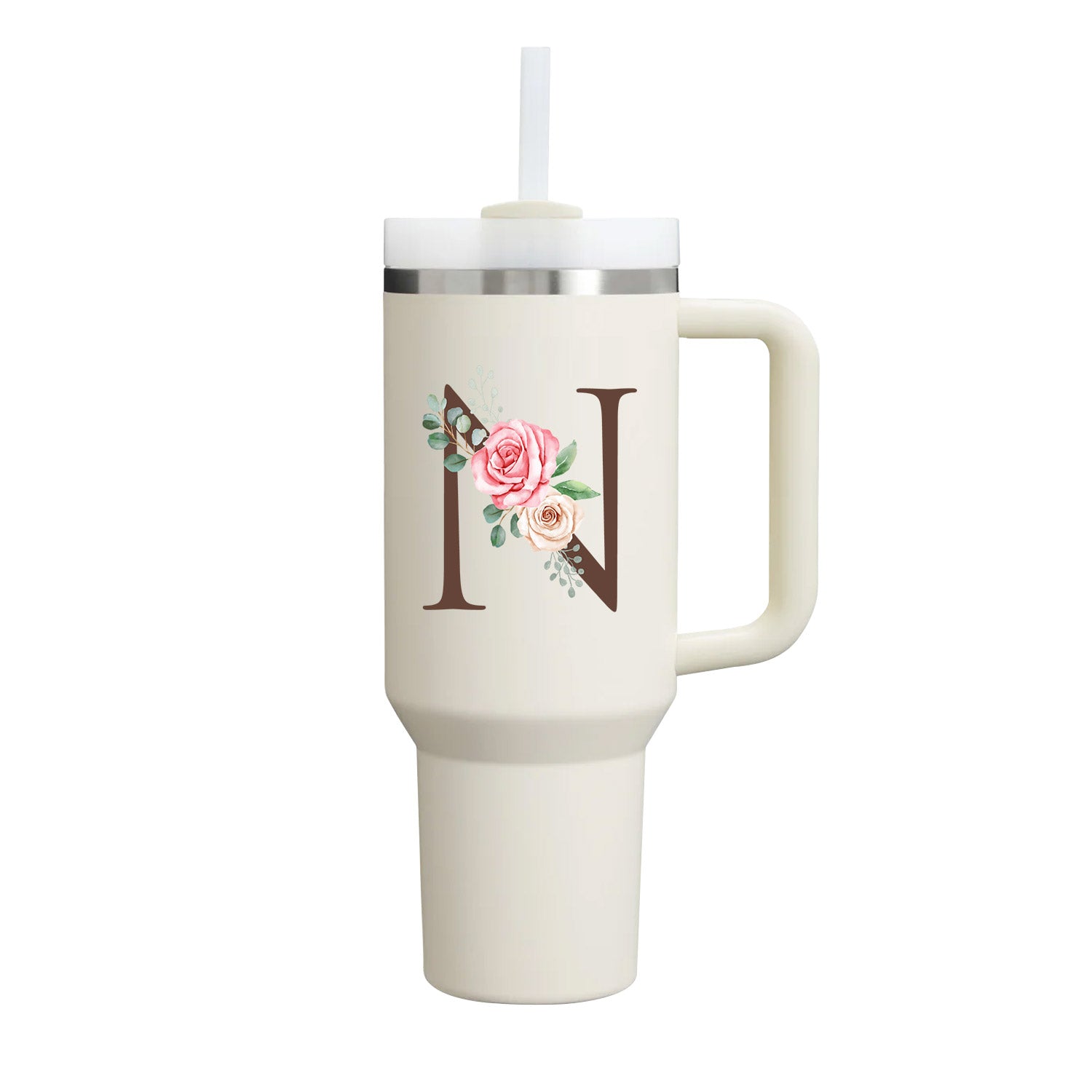 Custom Name Flowers Initial Tumbler With Handle 40 oz (Cream) - Custom Creations