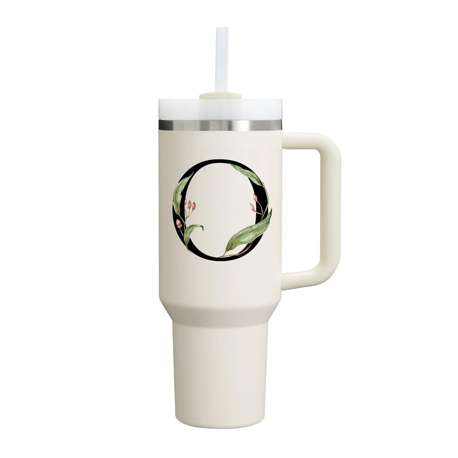 【Personalized】Custom Name Flowers & Leaves Initial Tumbler With Handle 40oz (Cream)