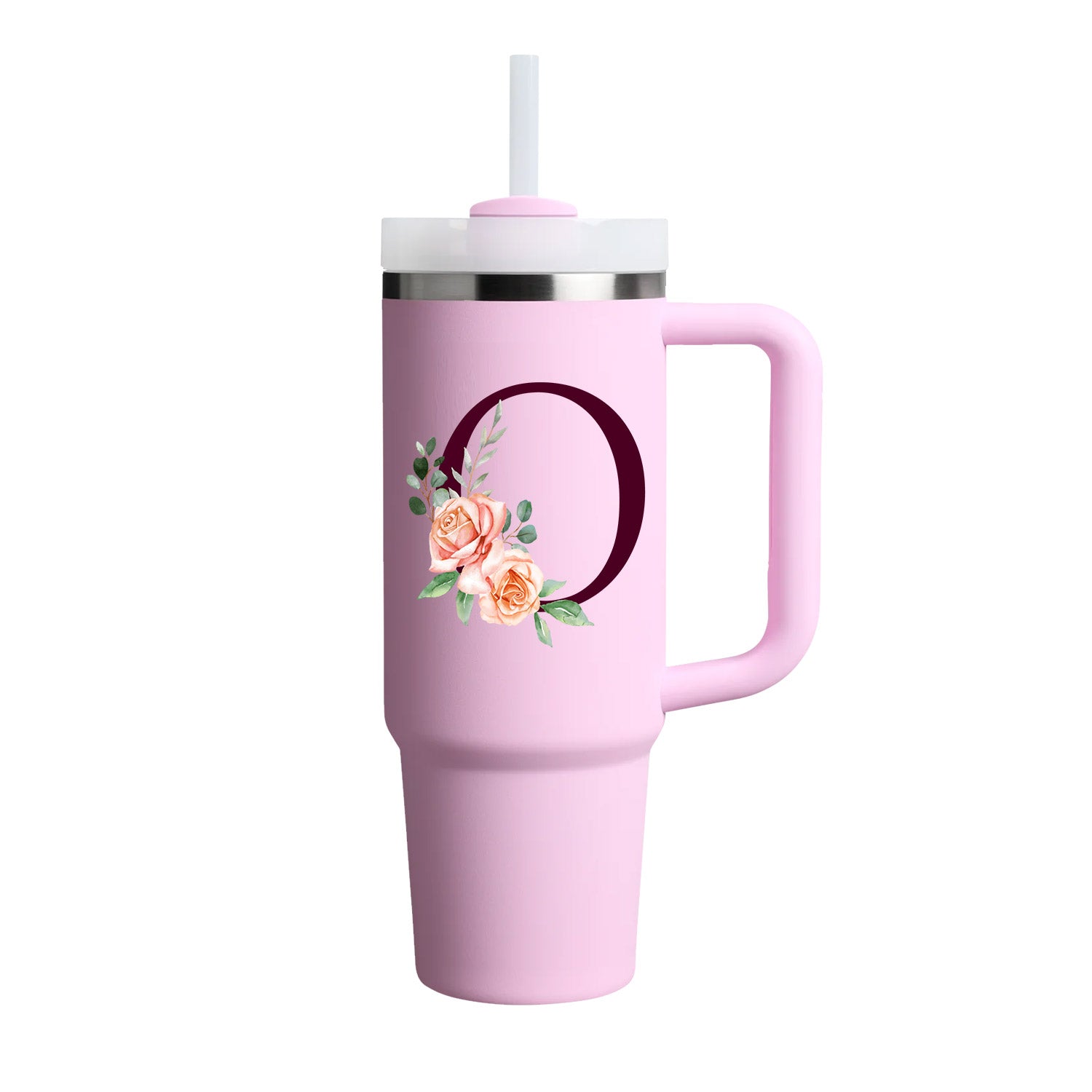 Custom Name Flowers Initial Tumbler With Handle 40 oz (Cherry Blossom) - Custom Creations