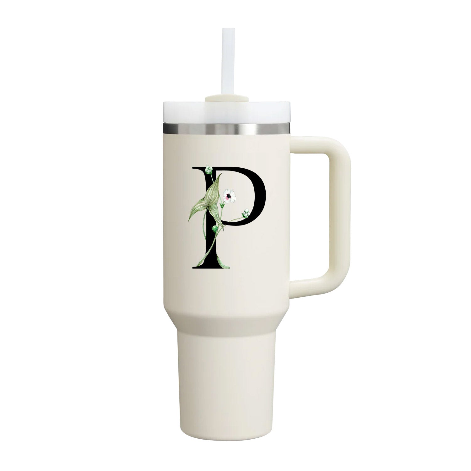 【Personalized】Custom Name Flowers & Leaves Initial Tumbler With Handle 40oz (Cream)