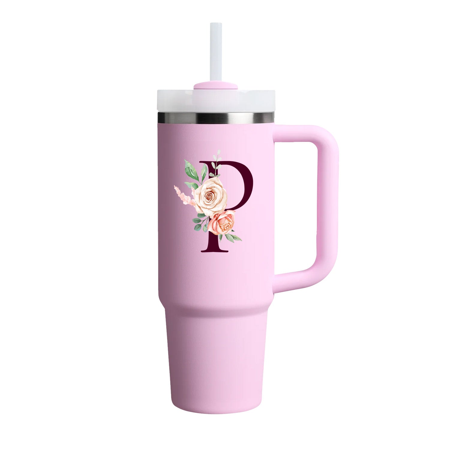 Custom Name Flowers Initial Tumbler With Handle 40 oz (Cherry Blossom) - Custom Creations