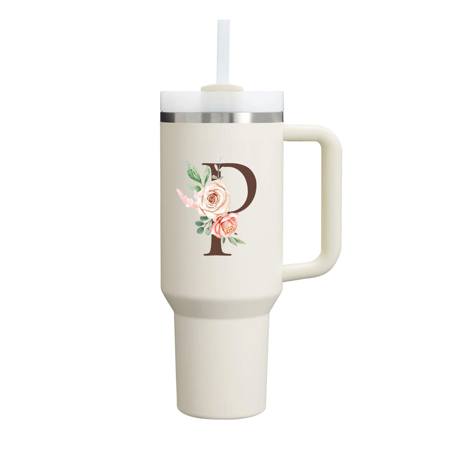 Custom Name Flowers Initial Tumbler With Handle 40 oz (Cream) - Custom Creations