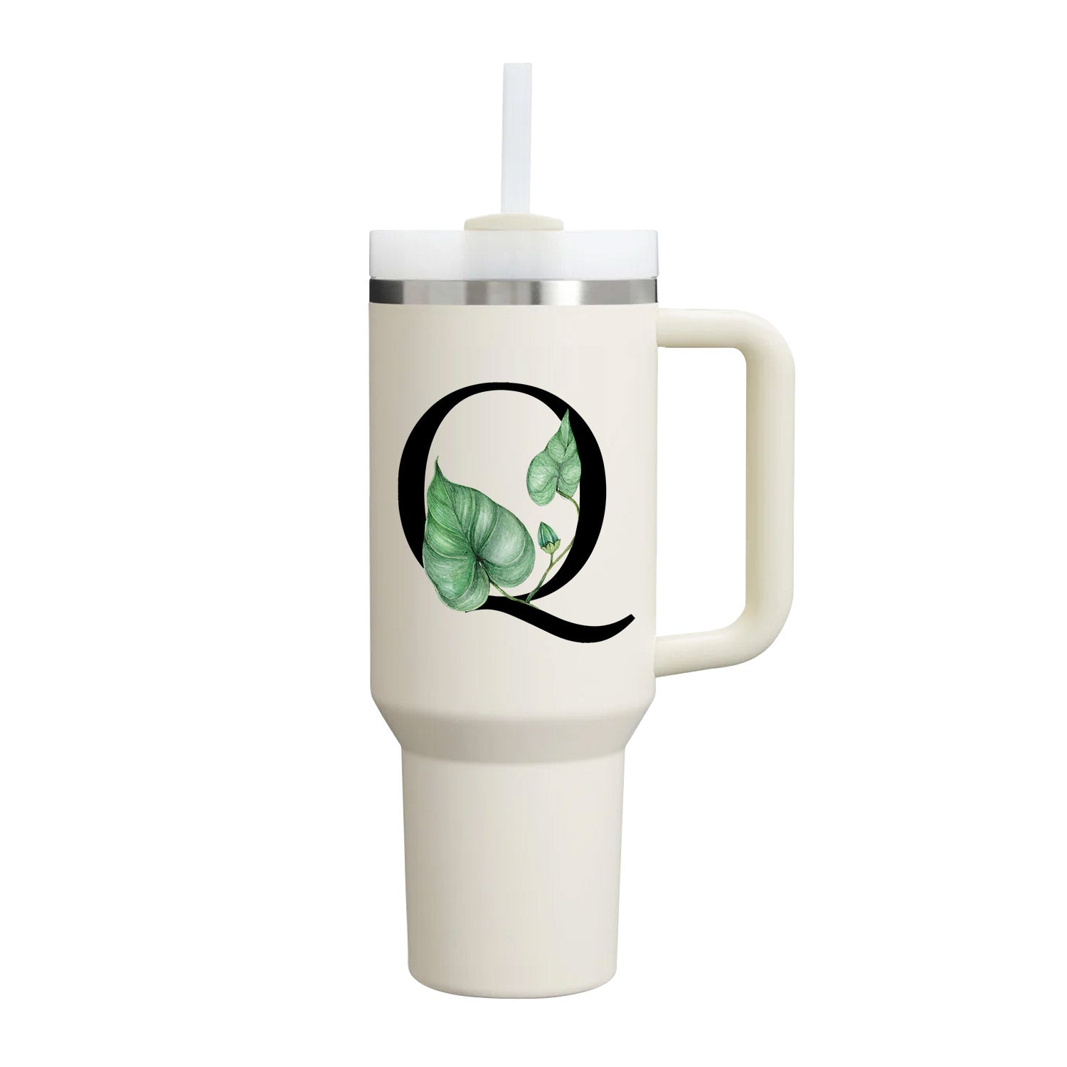 【Personalized】Custom Name Flowers & Leaves Initial Tumbler With Handle 40oz (Cream)