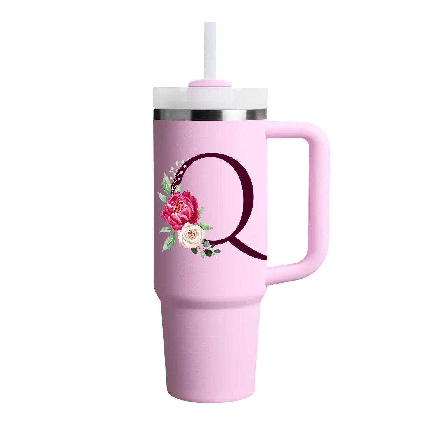 Custom Name Flowers Initial Tumbler With Handle 40 oz (Cherry Blossom) - Custom Creations