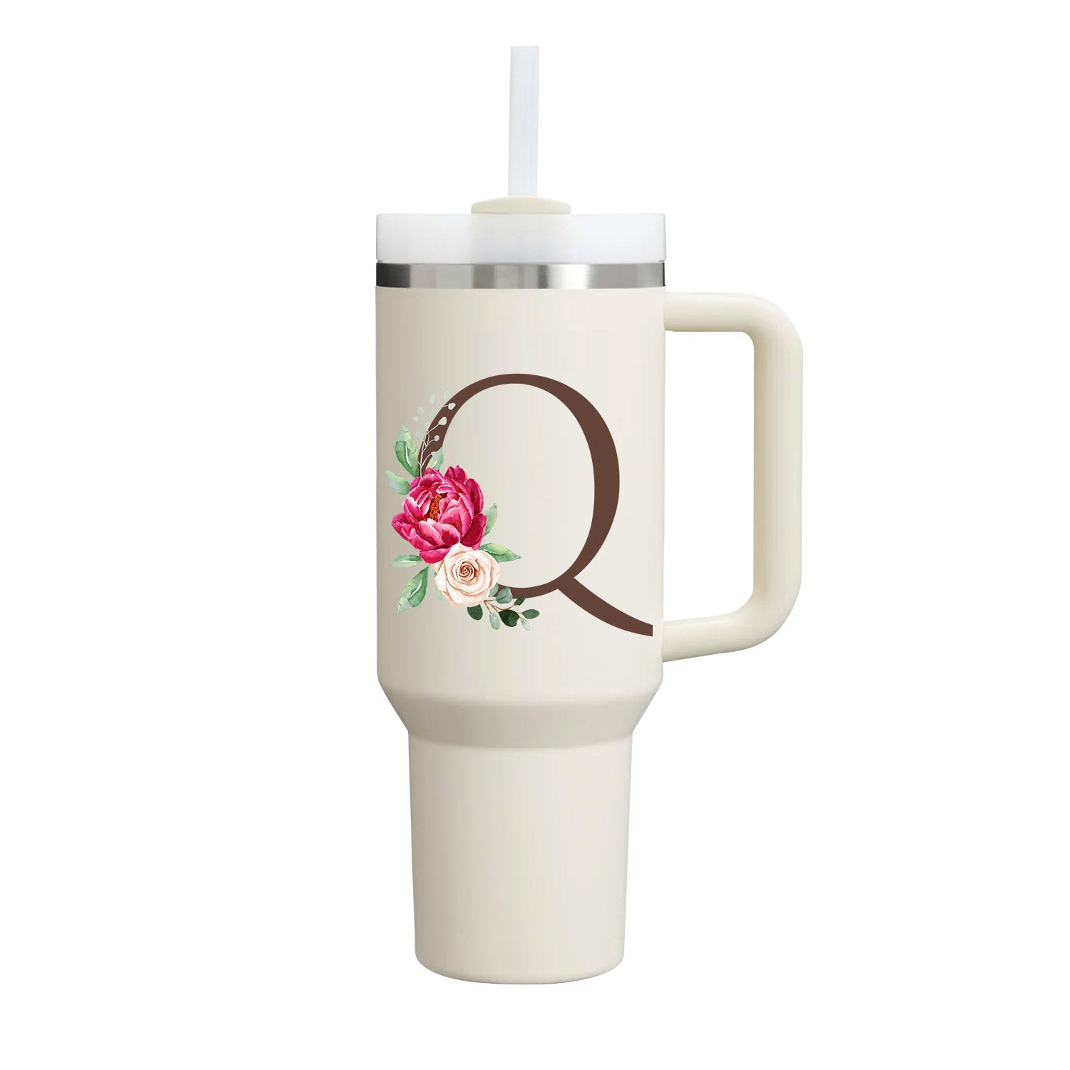 Custom Name Flowers Initial Tumbler With Handle 40 oz (Cream) - Custom Creations