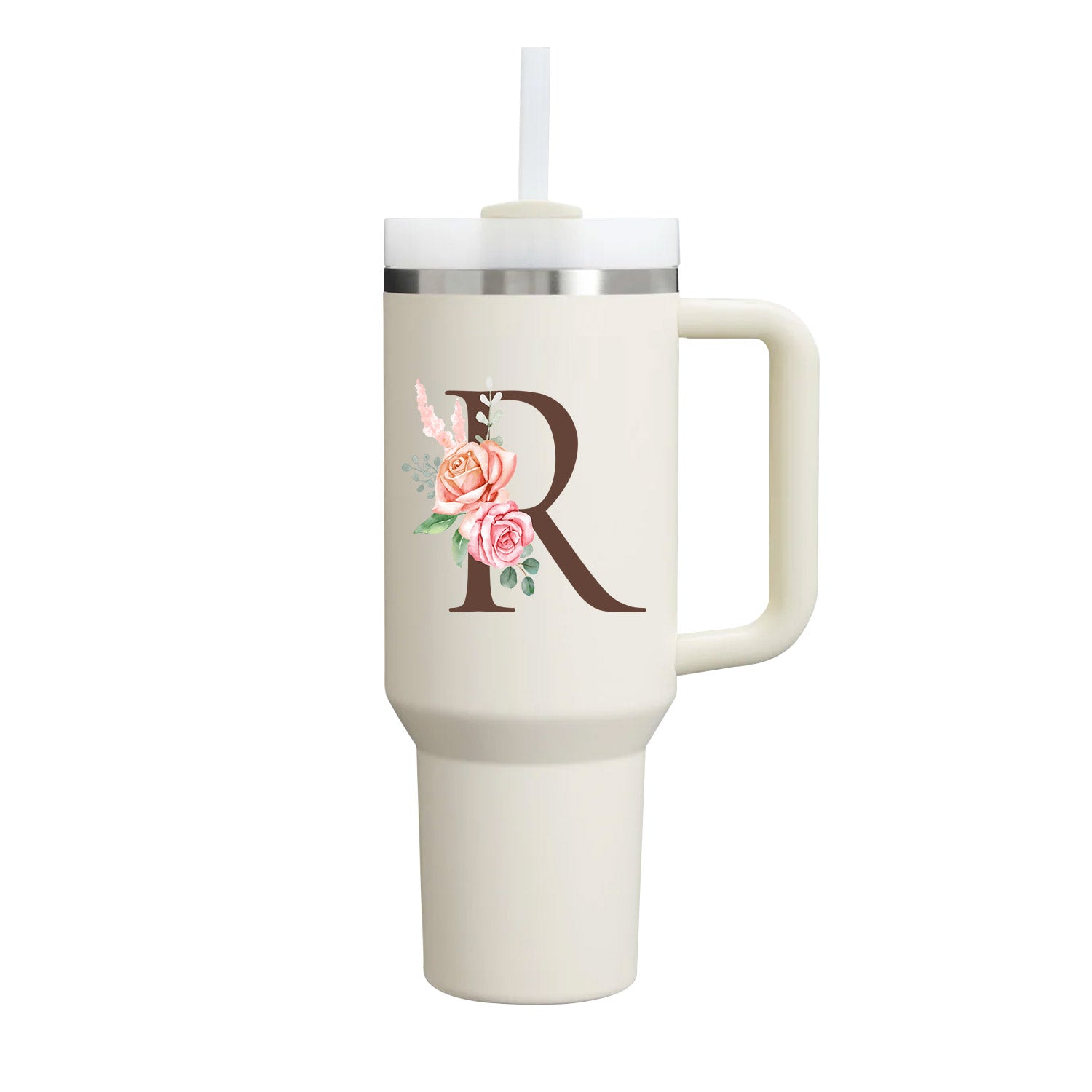 Custom Name Flowers Initial Tumbler With Handle 40 oz (Cream) - Custom Creations
