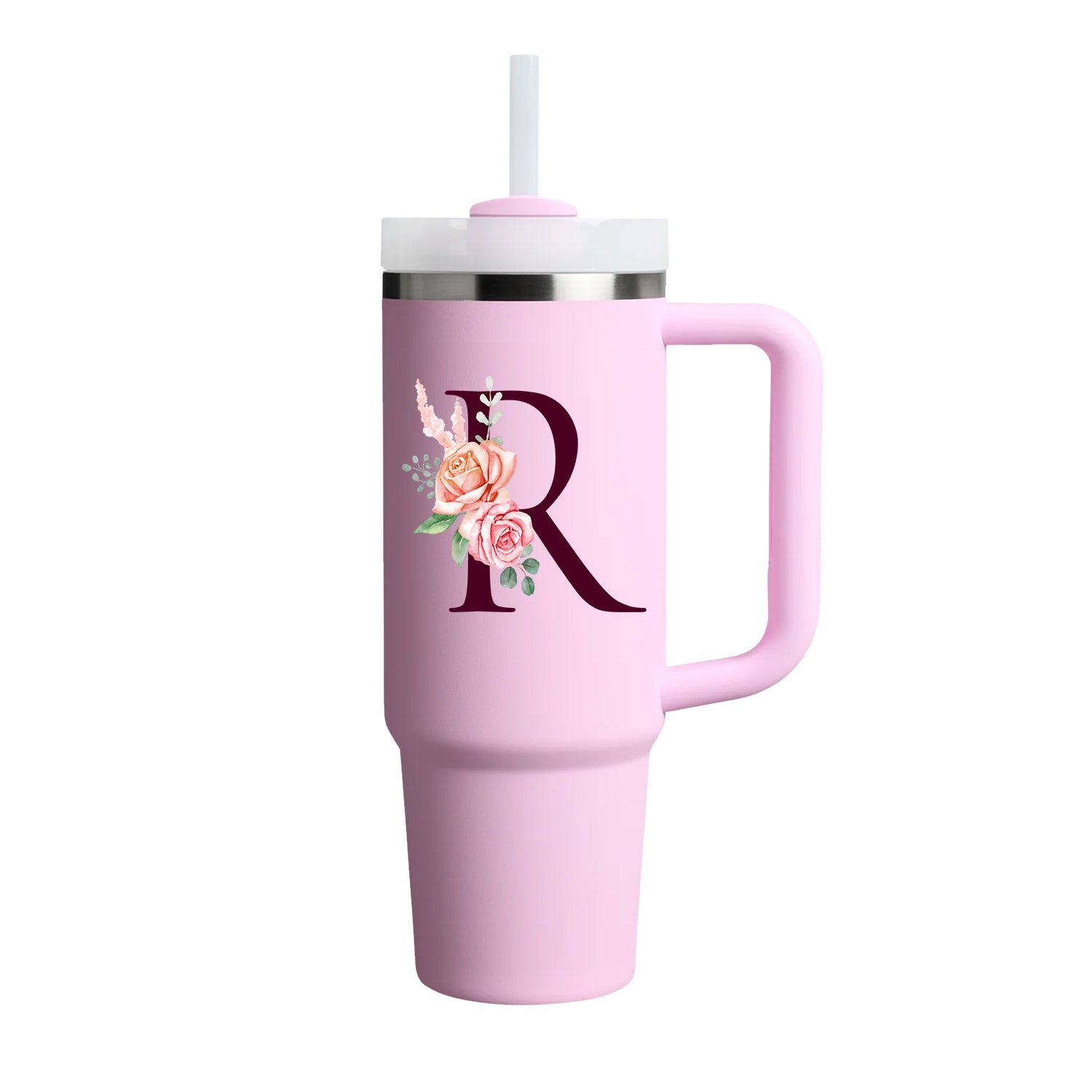 Custom Name Flowers Initial Tumbler With Handle 40 oz (Cherry Blossom) - Custom Creations