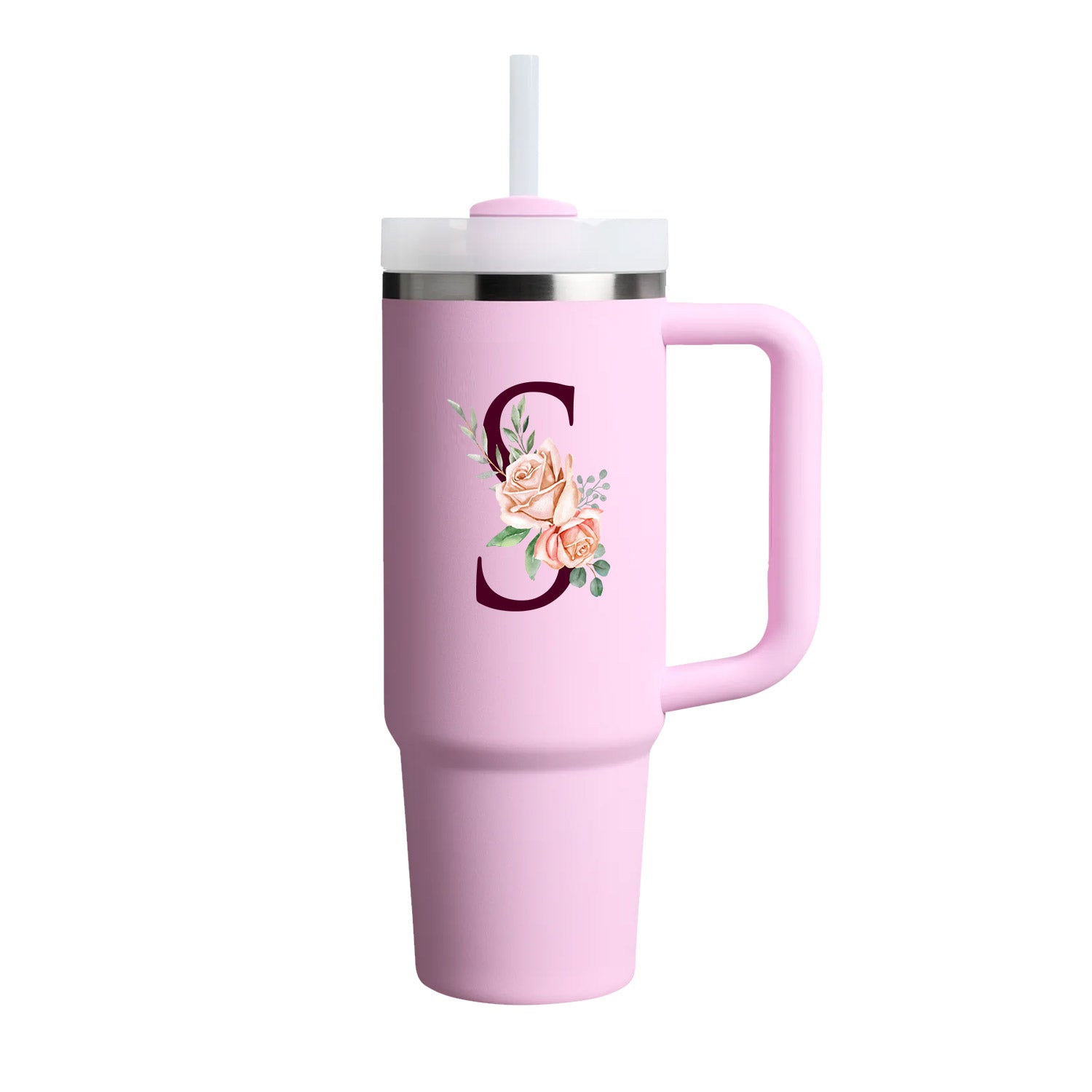 Custom Name Flowers Initial Tumbler With Handle 40 oz (Cherry Blossom) - Custom Creations