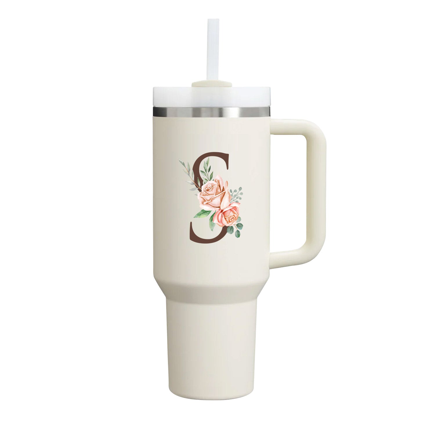 Custom Name Flowers Initial Tumbler With Handle 40 oz (Cream) - Custom Creations