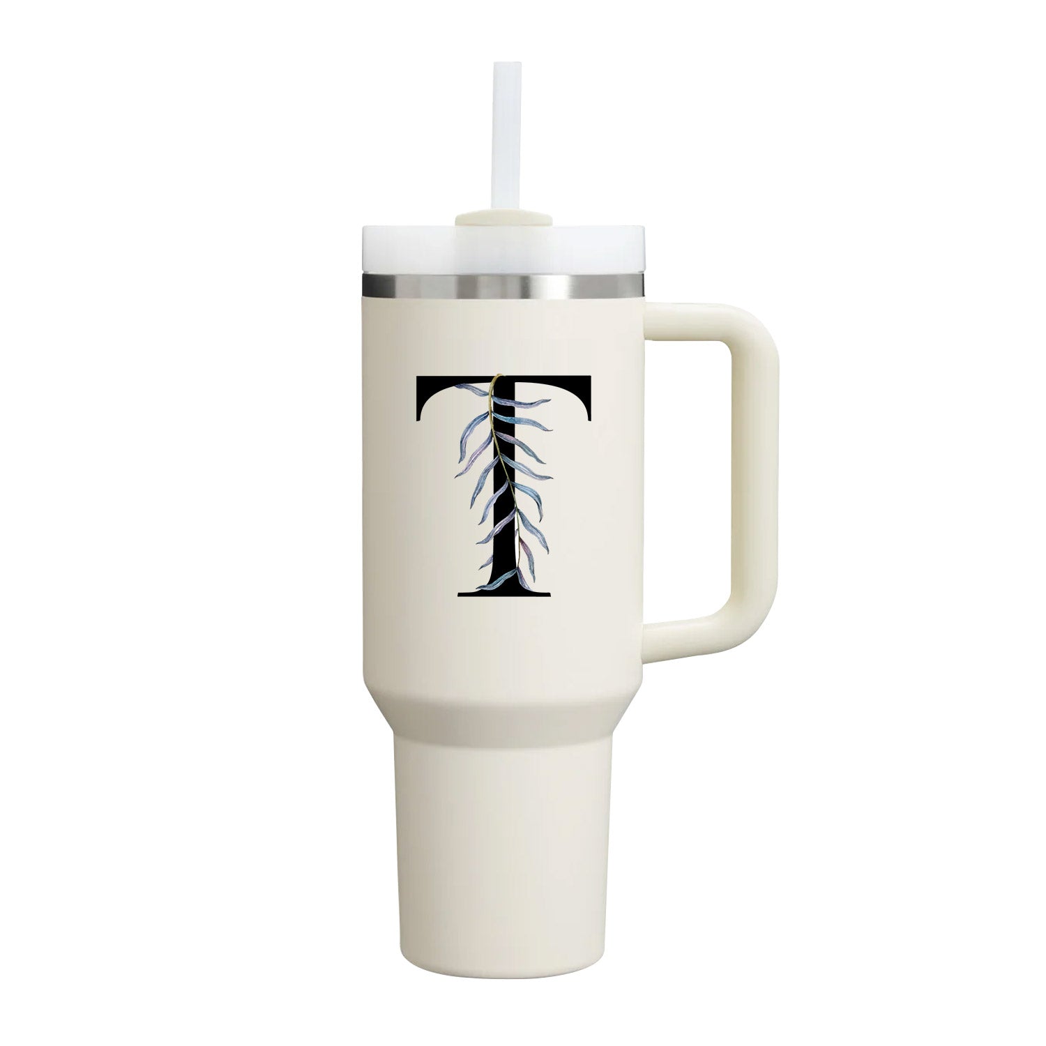 【Personalized】Custom Name Flowers & Leaves Initial Tumbler With Handle 40oz (Cream)