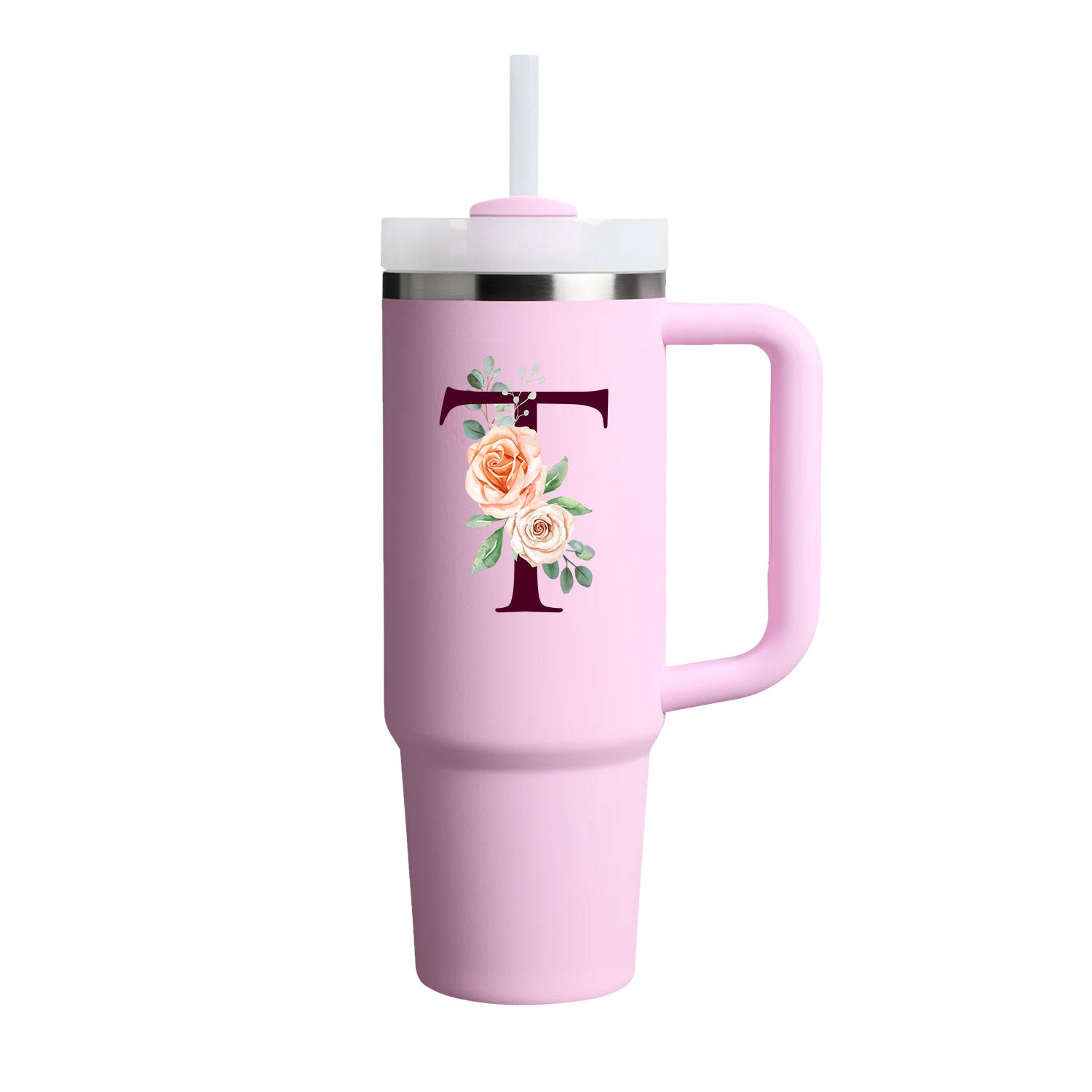 Custom Name Flowers Initial Tumbler With Handle 40 oz (Cherry Blossom) - Custom Creations
