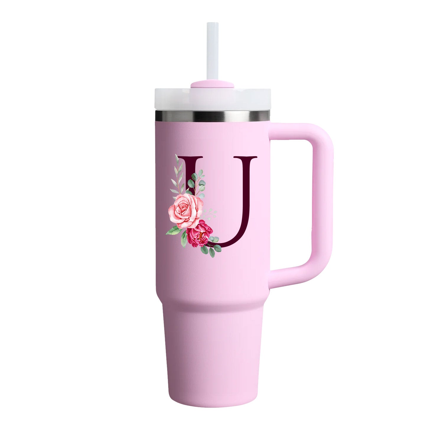 Custom Name Flowers Initial Tumbler With Handle 40 oz (Cherry Blossom) - Custom Creations