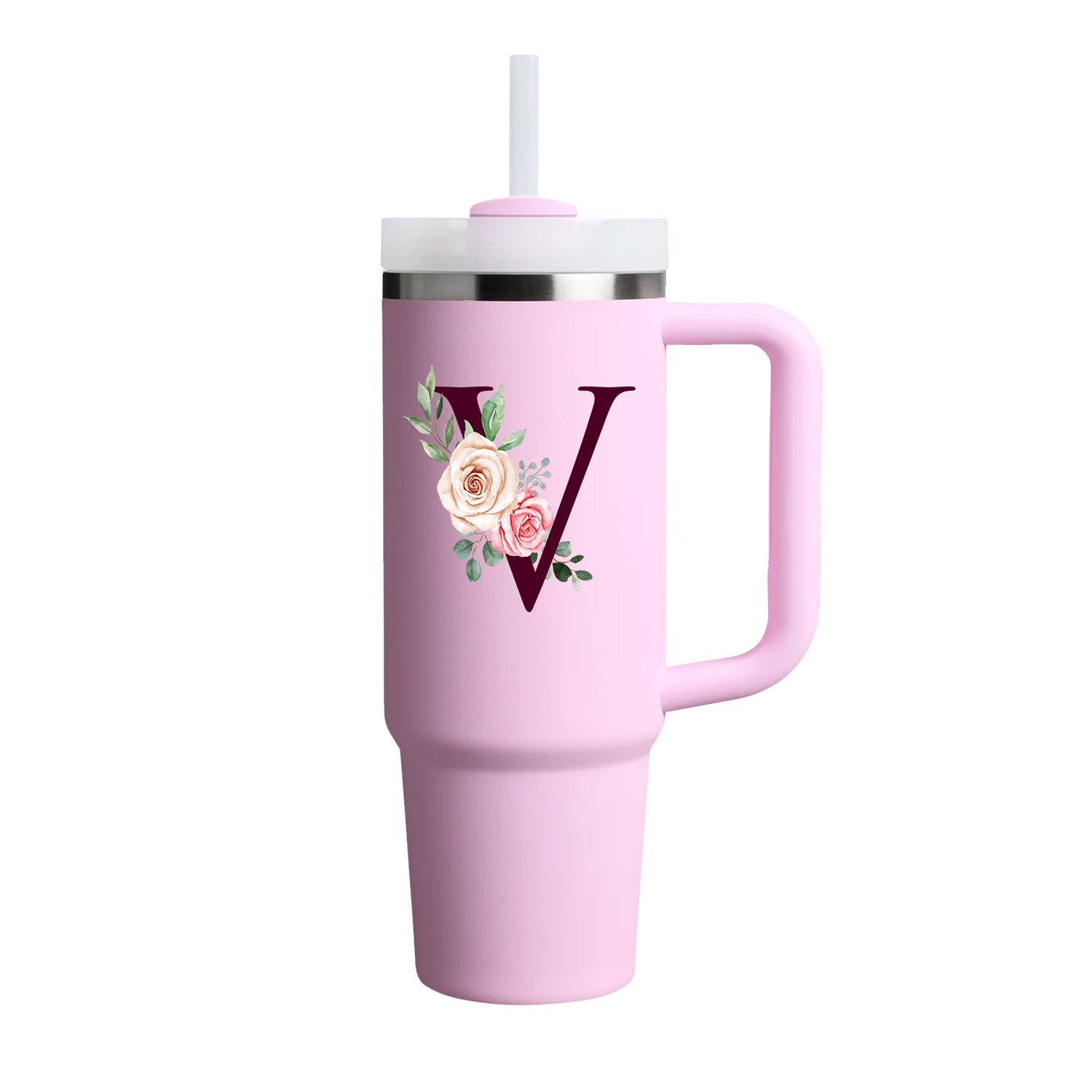 Custom Name Flowers Initial Tumbler With Handle 40 oz (Cherry Blossom) - Custom Creations