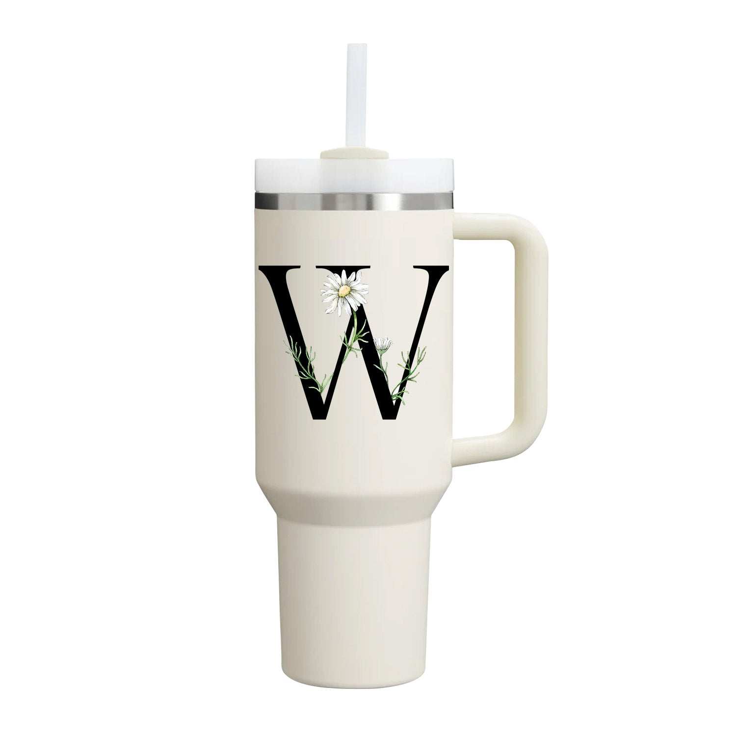 【Personalized】Custom Name Flowers & Leaves Initial Tumbler With Handle 40oz (Cream)