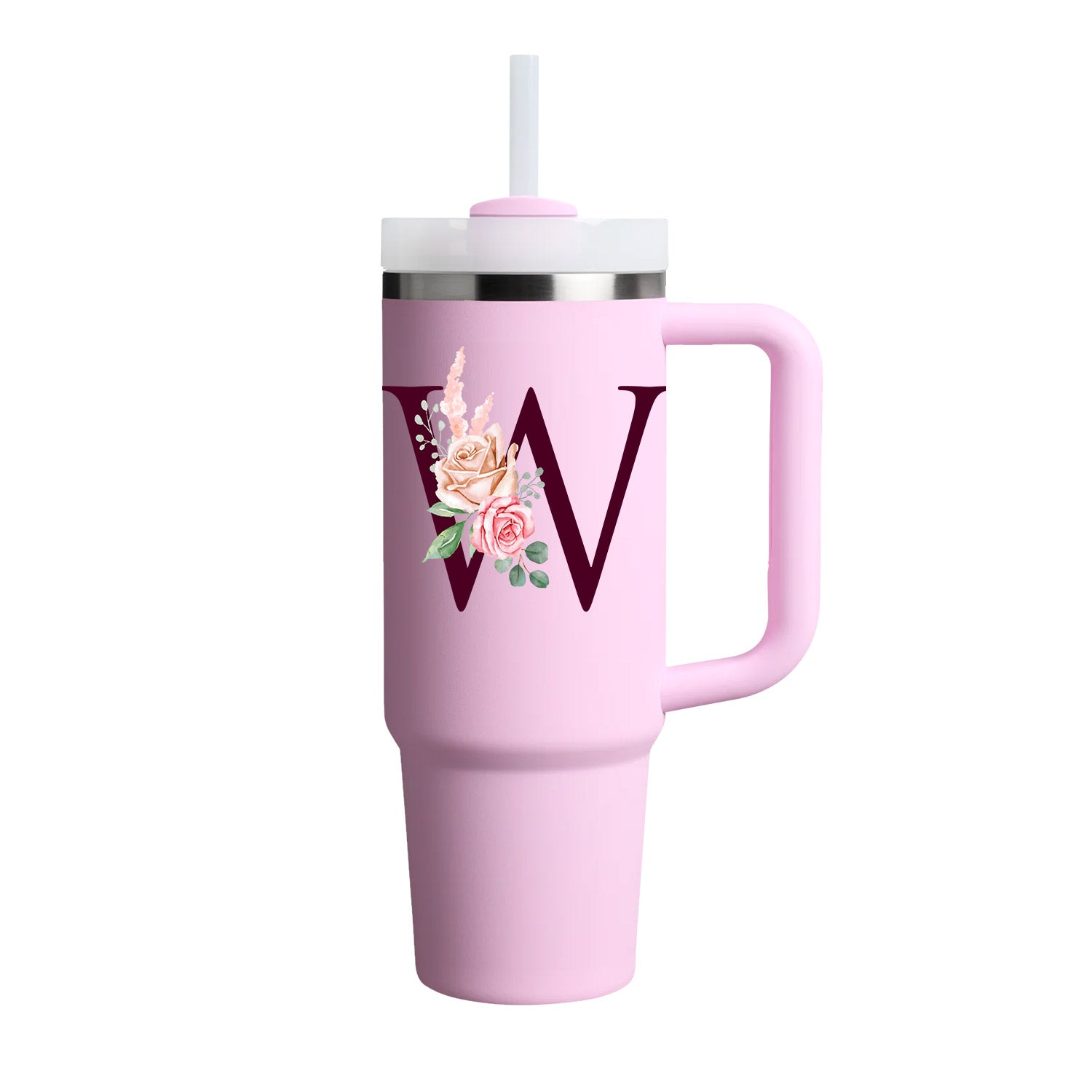 Custom Name Flowers Initial Tumbler With Handle 40 oz (Cherry Blossom) - Custom Creations