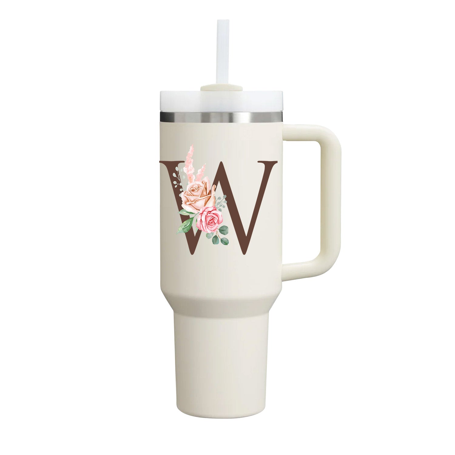 Custom Name Flowers Initial Tumbler With Handle 40 oz (Cream) - Custom Creations