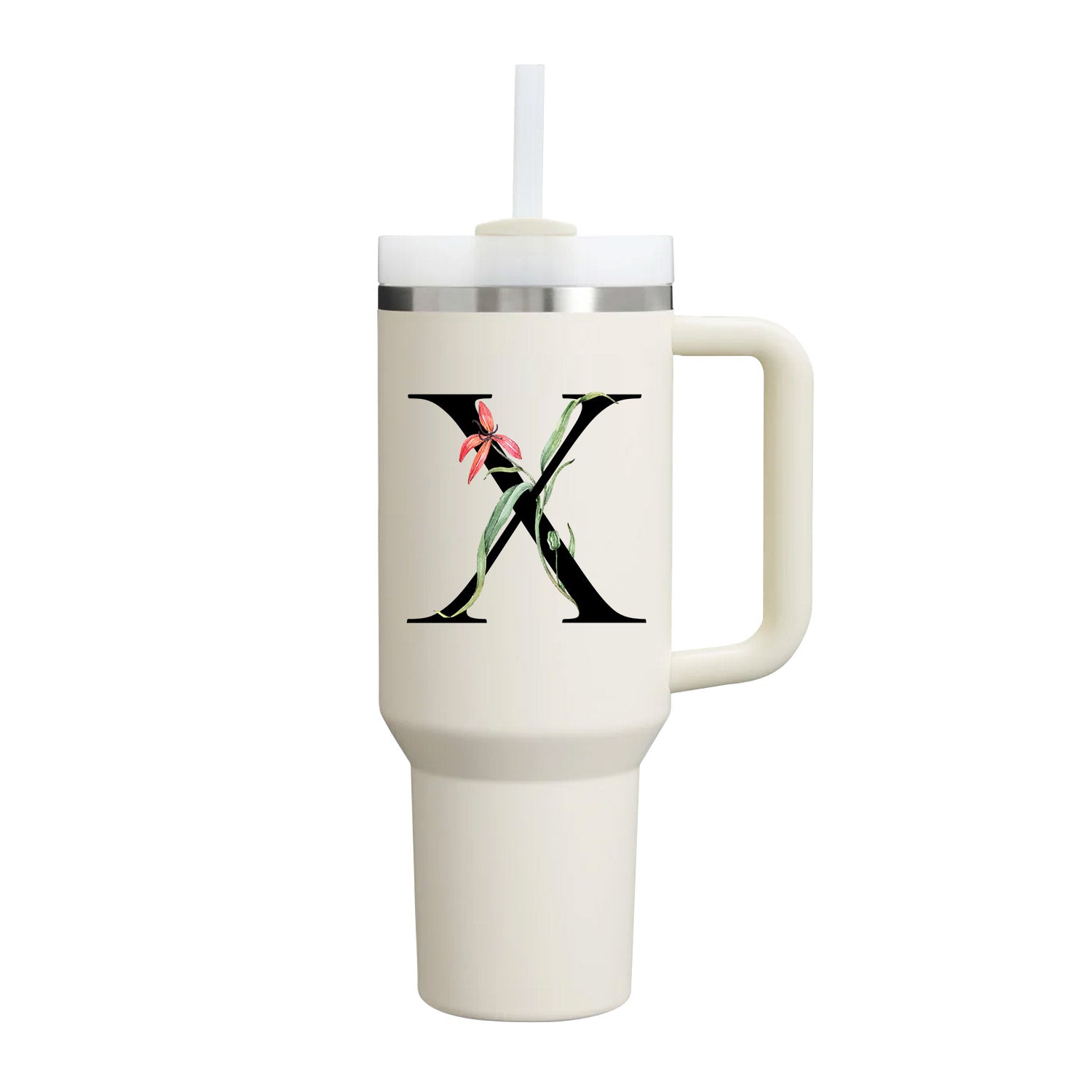 【Personalized】Custom Name Flowers & Leaves Initial Tumbler With Handle 40oz (Cream)
