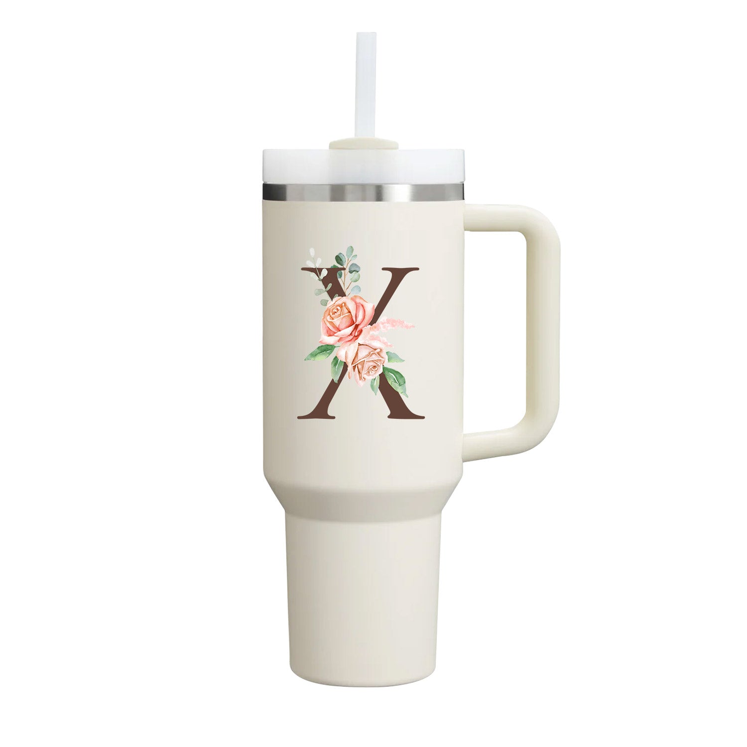 Custom Name Flowers Initial Tumbler With Handle 40 oz (Cream) - Custom Creations