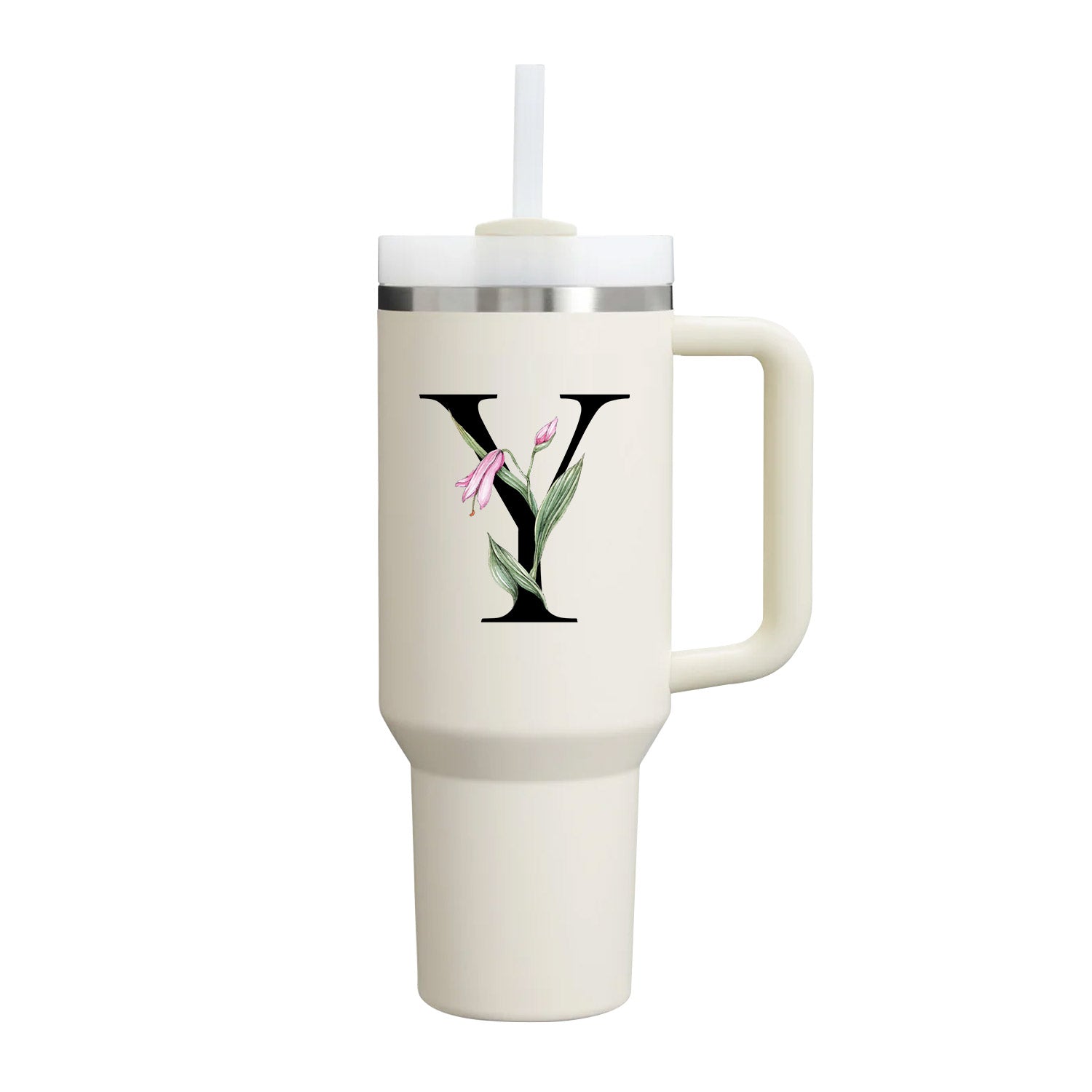 【Personalized】Custom Name Flowers & Leaves Initial Tumbler With Handle 40oz (Cream)