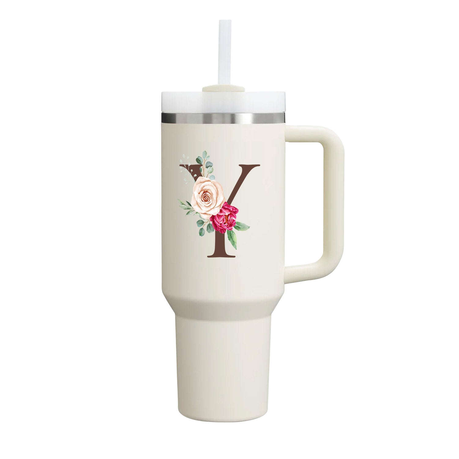 Custom Name Flowers Initial Tumbler With Handle 40 oz (Cream) - Custom Creations