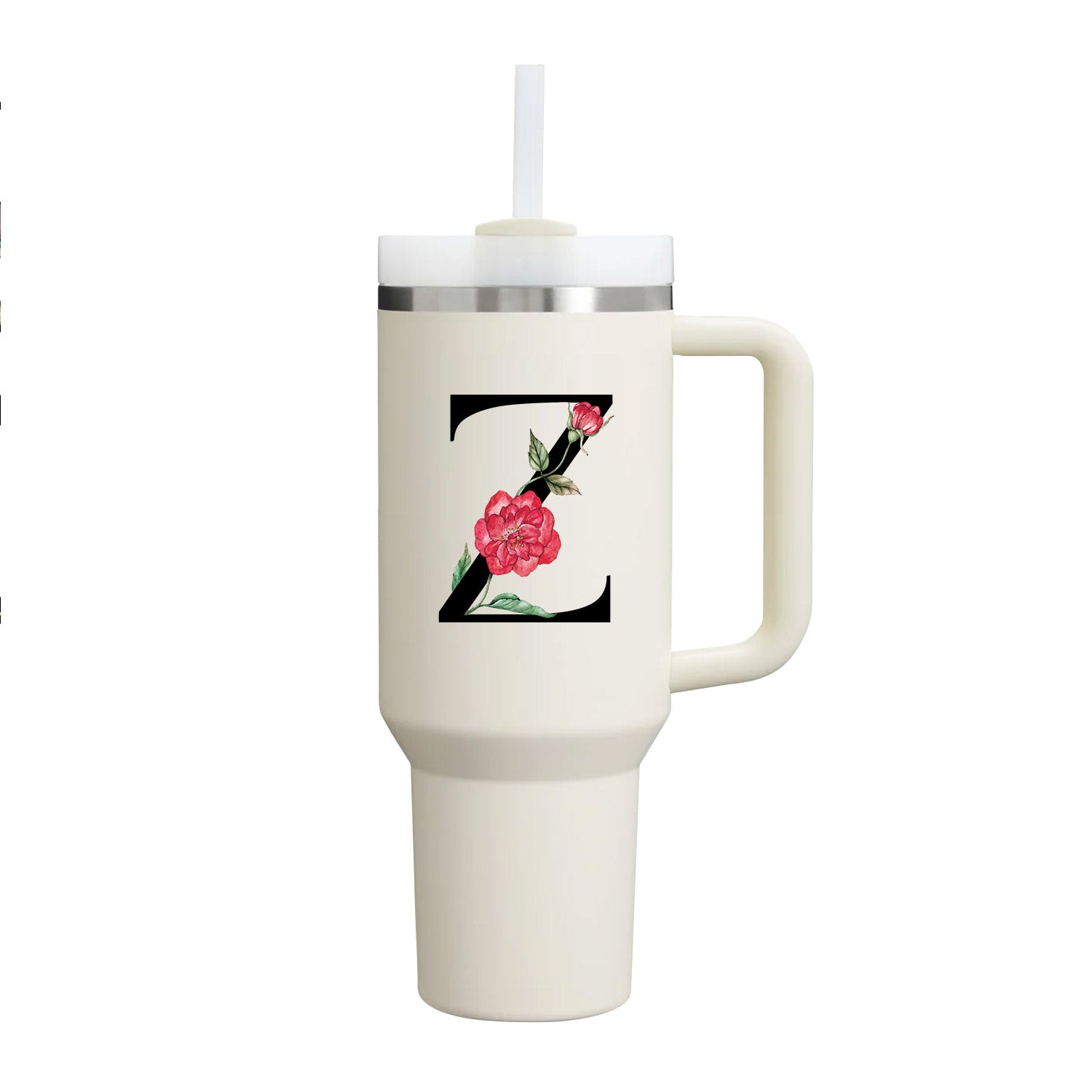 【Personalized】Custom Name Flowers & Leaves Initial Tumbler With Handle 40oz (Cream)
