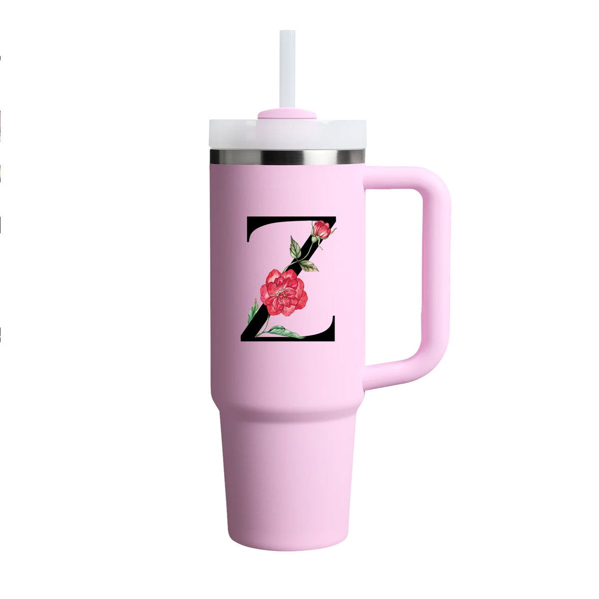 Custom Name Flowers & Leaves Initial Tumbler With Handle 40oz (Cherry Blossom)