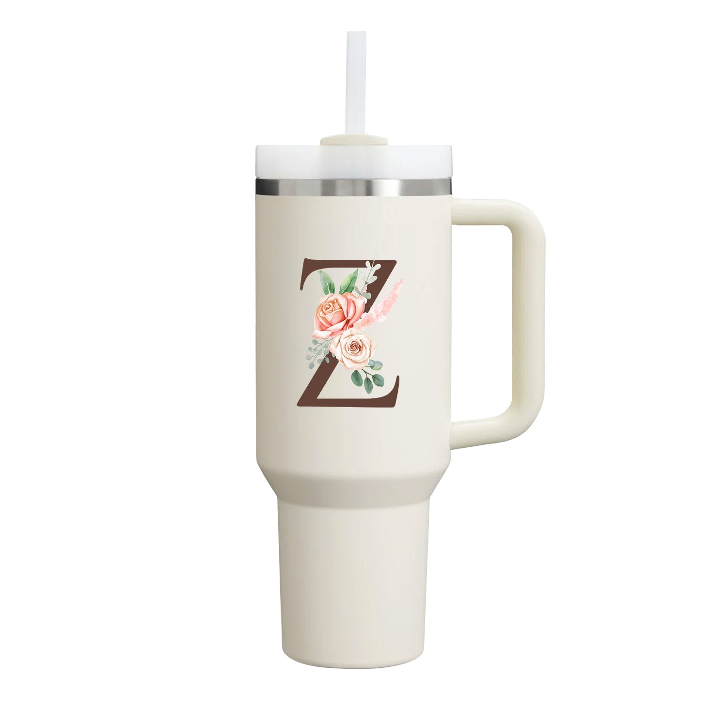 Custom Name Flowers Initial Tumbler With Handle 40 oz (Cream) - Custom Creations
