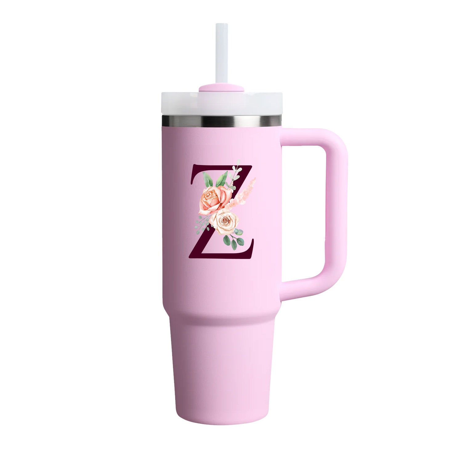Custom Name Flowers Initial Tumbler With Handle 40 oz (Cherry Blossom) - Custom Creations