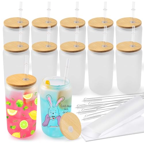 Glass cups with bamboo lids and straws 16 oz Sublimation Frosted glass cups - 12 pack