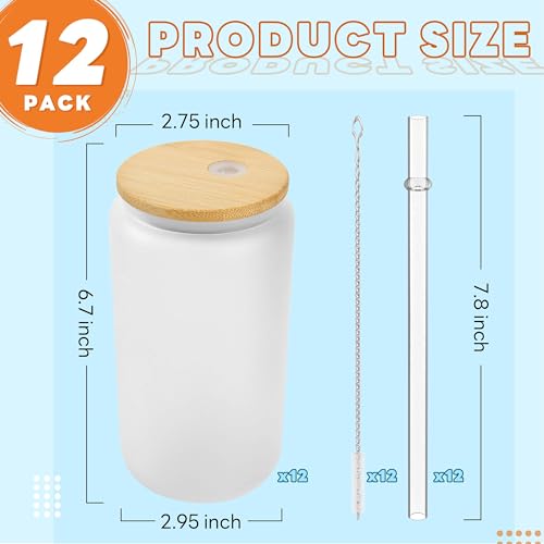 Glass cups with bamboo lids and straws 16 oz Sublimation Frosted glass cups - 12 pack