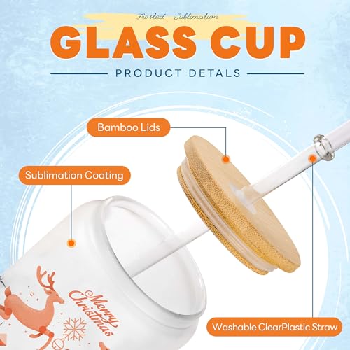 Glass cups with bamboo lids and straws 16 oz Sublimation Frosted glass cups - 12 pack