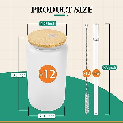 Glass cups with bamboo lids and straws 16 oz Sublimation Frosted glass cups - 12 pack