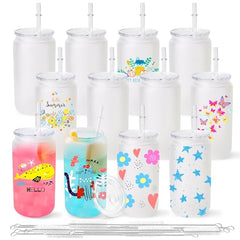 Glass cups with clear lids and straws 16 oz Sublimation Frosted glass cups - 12 pack