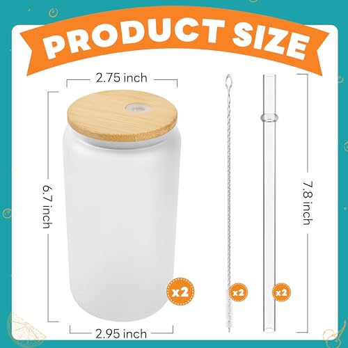 Glass cups with bamboo lids and straws 16 oz Sublimation Frosted glass cups - 8 pack