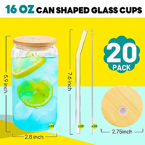 Joyclub Glass Cups with Bamboo Lids and Straws 20 Set 16 oz