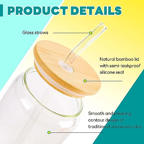 Glass Cups with Bamboo Lids and Straws  16 oz water bottles in bulk - 4 pack Clear